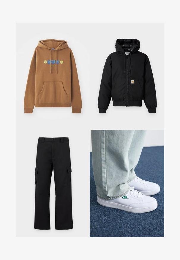 Juodas Carhartt džemperis su gobtuvu, priekiniais užtrauktukais, kengūros kišene, raibstais rankogalviais ir logotipo pleistru kišenėje.; Rudas džemperis, pagamintas iš medvilnės mišinio. Turintis priekinę kišenę, reguliuojamą kapučiną ir spalvingą "KIDSUPER" grafiką su gėlių akcentais.; Juodi cargo kelnės su tiesiu kojų dizainu. Pagamintos iš tvirto audinio, turi dvi šonines kišenes su užsegamais dangteliais ir mygtukų užtrauktuką.; Balti odiniai sportbačiai su žaliu Nike logotipu, apvalia nosimi, plokščiu padu, derinami su šviesiai mėlynomis džinsinėmis kelnėmis, rodomi ant mėlynos kiliminės dangos.