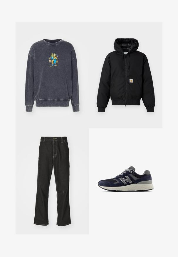 Giacca a zip nera Carhartt con cappuccio, tasca a marsupio, polsini a coste e patch con logo sulla tasca.; Felpa grigia scura in cotone morbido, con un design grafico colorato sulla parte anteriore. Ha un colletto rotondo classico e polsini a coste.; Jeans in denim nero con una vestibilità ampia, caratterizzati da cuciture bianche a contrasto, chiusura a bottone e un design a gamba dritta.; Scarpe da corsa da uomo con tomaia in suede blu navy e dettagli grigi, inserti in mesh, suola color crema con texture esagonale e lacci.