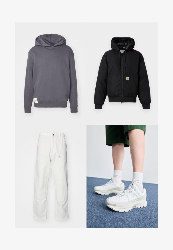 Casaco com capuz Carhartt preto, com fecho na frente, bolso tipo canguru, punhos canelados e patch do logo no bolso.; Sweatshirt cinza com capuz e acabamento texturizado, apresentando mangas longas, um ajuste descontraído e uma etiqueta lateral com detalhes da marca.; Calças cargo brancas em algodão com um corte descontraído. As características incluem bolsos frontais, detalhes em metal dourado e áreas de joelhos reforçadas.; Sapatos atléticos brancos com sobreposições texturizadas, sola espessa e detalhes em cinza. Usados com meias brancas até ao tornozelo e calções verdes sobre uma superfície azul.