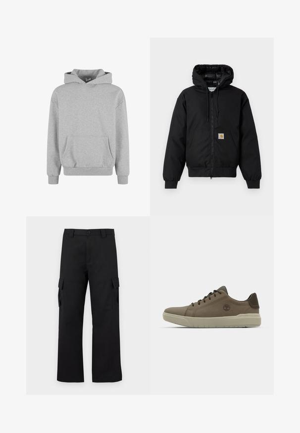Mustaherra Carhartt-huppari, jossa on etuvetoketju, kengurupocket, ribbed-hihansuut ja logopatch taskussa.; Harmaa huppari, jossa on pitkät hihat ja etutasku. Valmistettu pehmeästä kankaasta, jossa on ribbaus hihansuissa ja helmassa. Minimalistinen muotoilu ja monipuolinen tyyli.; Musta cargo-housut suoralla lahkeella. Valmistettu kestävästä kankaasta, jossa on kaksi sivutaskua läppäkiinnityksellä ja nappisuljenta.; Ruskean nahkakengät matalalla profiililla, kumipohjalla ja vihreillä yksityiskohdilla; sivussa on logo ja pintakuvioidut paneelit pidon parantamiseksi.