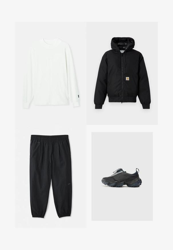 Fekete Carhartt kapucnis dzseki elöl cipzárral, kenguruzsebbel, bordás mandzsettákkal és logóval ellátott zsebbel.; Fehér, hosszú ujjú pulóver kerek nyakkivágással, bordázott mandzsettákkal és egy függőleges középső varrással az elején. Puha anyagból készült.; Fehér pamut póló rövid ujjakkal. A bal mellet egy kis narancssárga és bordó logó díszíti. Klasszikus kerek nyakkivágással rendelkezik.; Fekete, laza, gumis derekú nadrág oldalsó zsebekkel, bokánál gumírozott szárakkal és egy apró logóval a jobb combon.; Fekete sportcipők kecses dizájnnal, textúrázott felsőrésszel, szürke részletekkel és vastag talppal, kék tapadási kiemelkedésekkel.