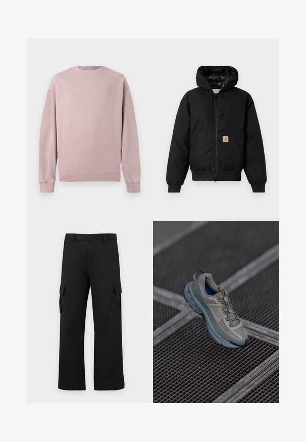 Black Carhartt hooded jacket with front zipper, kangaroo pocket, ribbed cuffs, and logo patch on pocket.; Light pink sweatshirt with a classic round neck, ribbed cuffs, and hem. Made of soft, textured material. Simple design without patterns.; Black cargo pants with a straight leg design. Made from durable fabric, featuring two side pockets with flap closures and a button fly.; Beige and gray athletic shoe with textured mesh upper, rounded toe, and rubber sole, featuring laces and a padded collar.