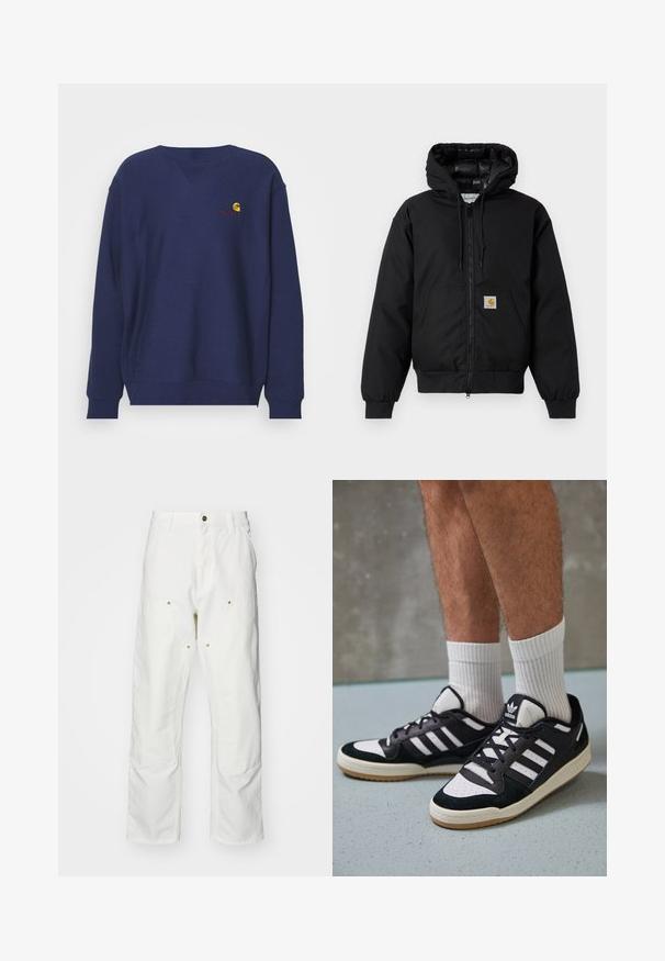 Must värvi Carhartt kapuutsiga jakk, millel on ees viis zipperit, känguru tasku, soonikkoes varrukad ja logo patch taskul.; Carhartt WIP AMERICAN SCRIPT - Pusa - air force blue; Valged puuvillased cargo püksid, millel on mugav lõige. Omadusteks on esikotid, kuldse riistvara aktsendid ja tugevdatud põlveosad.; Mustvalged ja valged spordijalatsid, mille pealmine osa on valmistatud suede'ist ja nahast. Kingadel on kolm valget riba, auguline varvas ja kummist tald.