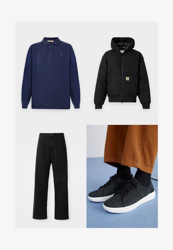 Must värvi Carhartt kapuutsiga jakk, millel on ees viis zipperit, känguru tasku, soonikkoes varrukad ja logo patch taskul.; Tumesinine pikkade varrukatega polo-särk, mis on valmistatud puuvillast, kolm nööpi esiküljel ja väike logo vasakul rinnal. Sujuv tekstuur.; Mustadest denimist püksid sirge lõikega, mis sisaldavad ees taskuid, lukufliisi ja ühte ülemist nööpi. Tekstureeritud kangas mati viimistlusega.; Mustad suede spordijalatsid valge kummitaldaga, millel on paeltega kinnitamine, tekstuuriga aktsendid ja tagasihoidlik bränding, koos pruuni pükstega.