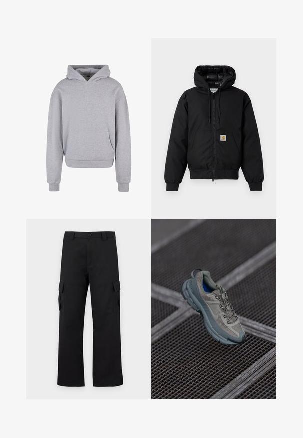 Crna Carhartt jakna s kapuljačom, s prednjim zatvaračem, kangaroo džepom, rebrastim manžetama i logo naljepnicom na džepu.; Sivi pamučni dukserica s prednjim džepom, kapuljačom na vezanje te rebrastim manžetama i rubom. Ima mekan, teksturiran završetak.; Crne cargo hlače ravnog kroja. Izrađene od izdržljivog materijala, s dva bočna džepa s preklopima i zaštitnim gumbom.; Bež i sivi sportski tenisice s teksturiranim mrežastim gornjim dijelom, zaobljenim vrhom i gumenom potplatom, s vezicama i podstavljenim ovratnikom.