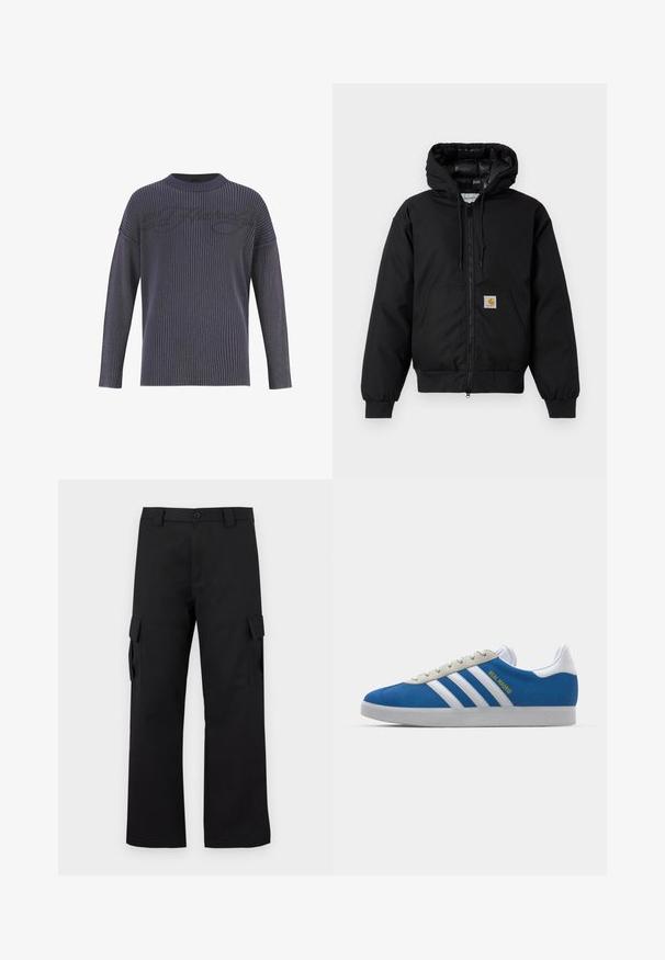 Black Carhartt hooded jacket with front zipper, kangaroo pocket, ribbed cuffs, and logo patch on pocket.; Dark gray knitted sweater with ribbed texture, wide crew neck, and drop shoulders. Features a subtle logo pattern on the front.; Black cargo pants with a straight leg design. Made from durable fabric, featuring two side pockets with flap closures and a button fly.; adidas Originals ADIDAS GAZELLE SHOES - Indoor football boots - real madrid/bluebird/footwear white/crew yellow