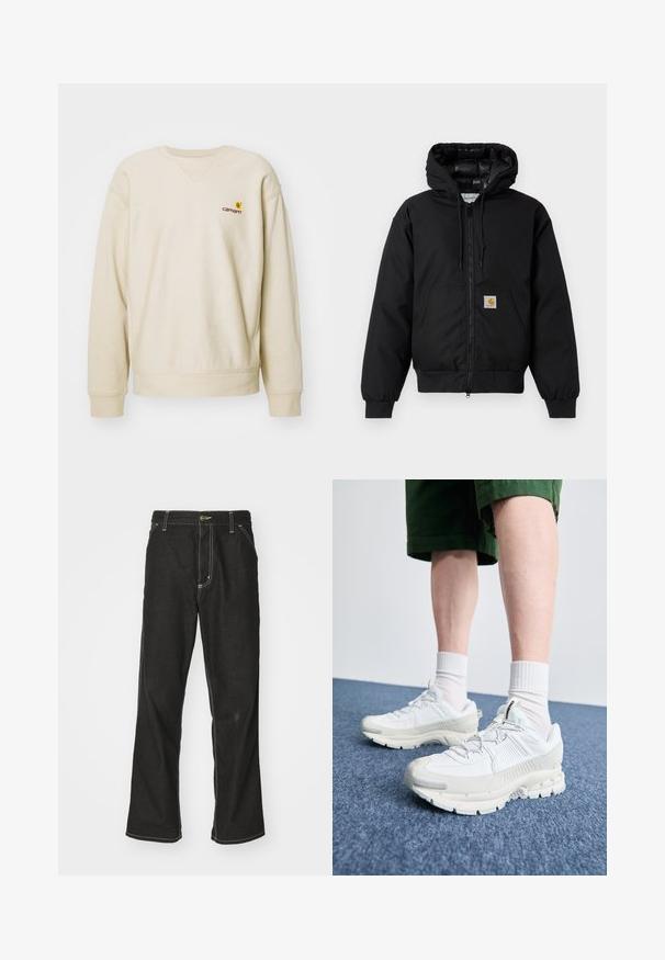 Sort Carhartt hættetrøje med frontlynlås, kengurulomme, ribbede manchetter og logo-patch på lommen.; Beige sweatshirts med rund halsudskæring og raglanærmer. Har et lille broderet logo på venstre bryst. Blødt, struktureret stof.; Sorte denimjeans med løs pasform, der har kontrasterende hvid syning, en knaplukning og et lige ben-design.; Hvide atletiske sko med teksturerede overlays, en chunky sål og grå accenter. Båret med hvide ankelstrømper og grønne shorts på en blå overflade.