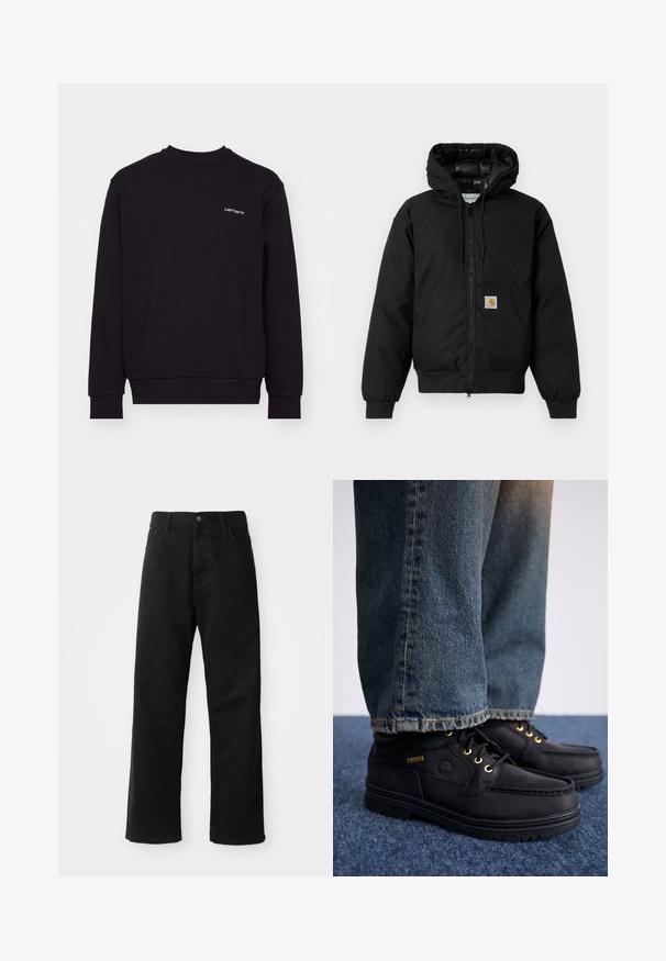 Mustaherra Carhartt-huppari, jossa on etuvetoketju, kengurupocket, ribbed-hihansuut ja logopatch taskussa.; Musta huppari, joka on valmistettu pehmeästä materiaalista. Siinä on pyöreä kaula-aukko, pitkät hihat ja ribbaatut hihansuut. Rintamuksessa on pieni valkoinen logo.; Musta farkkushortsit suoran leikkauksen kanssa, joissa on etutaskut, vetoketjuläppä ja yksi yläpainike. Rakenteellinen kangas matta pinnalla.; Musta nahkakengät kultaisilla rei'illä ja tekstuuripinnalla, yhdistettynä sinisiin farkkuihin. Kengissä on kerroksellinen pohja ja brändäysyksitys.