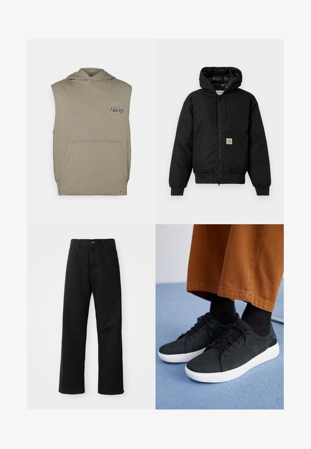 Čierna kapucňová bunda Carhartt s predným zipsom, klokannou vreckom, ribovanými manžetami a logo nášivkou na vrecku.; Bezrúškog mikina v olivovo zelenej farbe, s predným klokaním vreckom a vyšívaným logom "Lakers" na hrudi. Mäkká bavlnená zmesová látka.; Čierne denimové nohavice so rovným strihom, vystúpené predné vrecká, zips a jedno horné gombík. Štruktúrovaná tkanina s matným povrchom.; Čierne zamatové tenisky s bielymi gumovými podrážkami, so šnurovacím dizajnom, textúrovanými akcentami a decentným brandingom, skombinované s hnedými nohavicami.