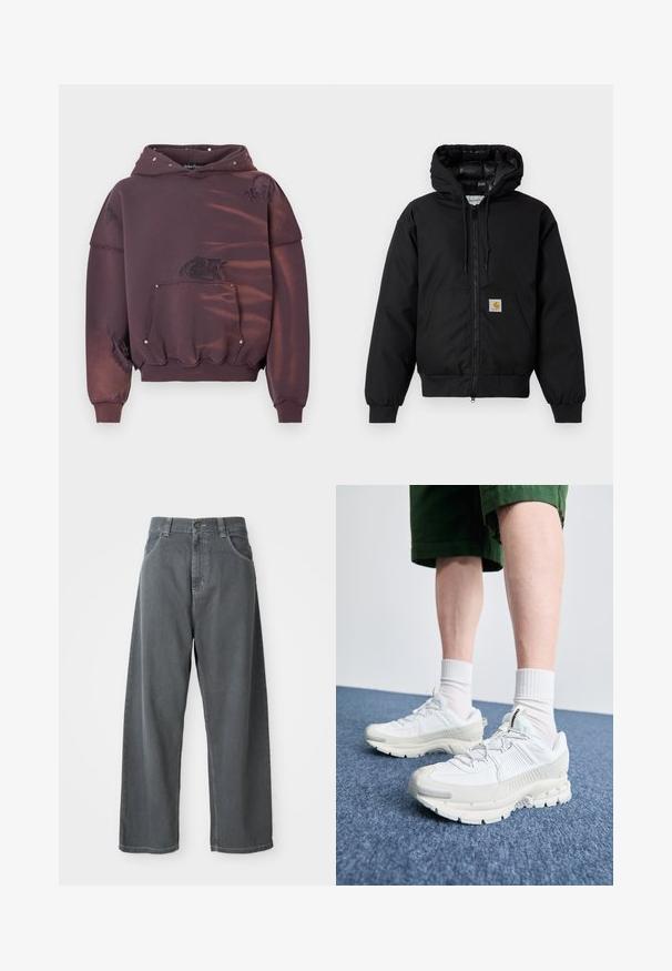 Juodas Carhartt džemperis su gobtuvu, priekiniais užtrauktukais, kengūros kišene, raibstais rankogalviais ir logotipo pleistru kišenėje.; Purpurinės spalvos treniruoklis su gobtuvu, turintis nusidėvėjimo vietų, priekinę kišenę ir sidabrinius smeigtukus. Minkšta medžiaga su briaunotomis rankogaliais ir apačia.; Pilkos džinsinio audinio plačios kojos kelnės su aukštu liemeniu, su priekinėmis kišenėmis, juostos kilpomis ir sagtele liemens srityje.; Baltos sportinės bateliai su tekstūruotais uždengimais, masyviu padu ir pilkais akcentais. Dėvimi su baltais trumpais kojiniais ir žaliais šortais mėlyname paviršiuje.