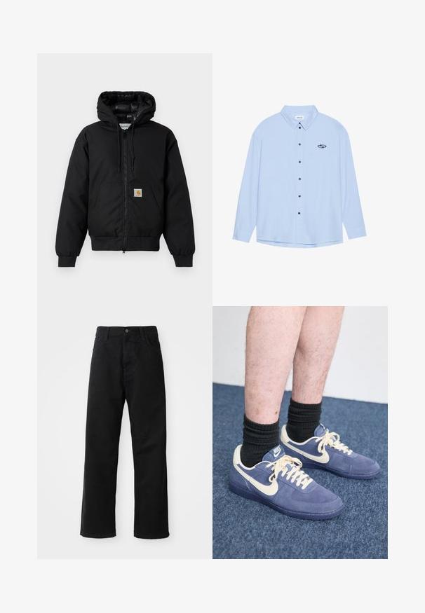 Jachetă cu glugă Carhartt de culoare neagră, cu fermoar frontal, buzunar tip kangaroo, manșete ribbate și patch cu logo pe buzunar.; Cămașă albastră deschisă, tip cămașă cu un material neted. Prezintă un guler, mâneci lungi, nasturi negri și un mic logo negru pe pieptul stâng.; Pantaloni din denim negri cu croi drept, având buzunare frontale, fermoar și un singur buton la partea superioară. Țesătură texturată cu un finisaj mat.; Sneakers Nike cu un superior din velur albastru închis și accente crem. Prezintă șireturi plate, vârf rotunjit și o talpă din cauciuc. Sucți negri cu nervuri sunt purtați.