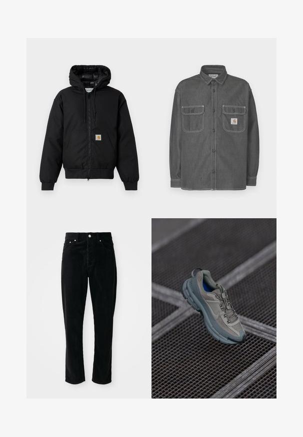 Sort Carhartt hættetrøje med frontlynlås, kengurulomme, ribbede manchetter og logo-patch på lommen.; Mørkegrå skjortejakke af denim med to brystlommer, knaplukning og kontrasterende hvide syninger. Carhartt-logo på lommen.; Sorte fløjlsprede bukser med høj talje, lige ben, fem lommer og sølvhardware, der har et struktureret ribbet mønster over det hele.; Beige og grå sportsko med tekstureret mesh-overdel, rund tå og gummisål, med snørebånd og polstret krave.