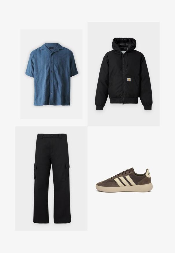 Schwarze Carhartt Kapuzenjacke mit Frontreißverschluss, Kängurutasche, gerippten Bündchen und Logopatch auf der Tasche.; Abercrombie & Fitch Hemd - blue; Schwarze Cargo-Hosen mit geradem Bein Design. Hergestellt aus strapazierfähigem Stoff, mit zwei Seitentaschen mit Klappen und einem Knopfverschluss.; Brauner Wildledersneaker mit drei weißen Streifen, abgerundetem Zehenbereich, dicker Gummisohle und minimaler Markenkennzeichnung an der Ferse.