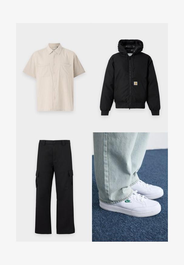 Giacca a zip nera Carhartt con cappuccio, tasca a marsupio, polsini a coste e patch con logo sulla tasca.; Camicia a maniche corte con bottoni di colore beige chiaro, realizzata in tessuto testurizzato, dotata di due tasche sul petto e colletto a punta.; Pantaloni cargo neri con design a gamba dritta. Realizzati in tessuto resistente, dotati di due tasche laterali con chiusura a pattina e chiusura con bottone.; Sneakers in pelle bianca con logo Nike verde, punta rotonda, suola piatta, abbinati a pantaloni in denim azzurro, mostrati su un tappeto blu.