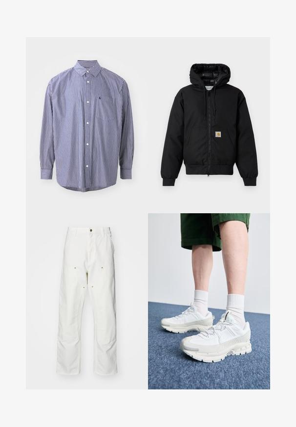 Veste à capuche Carhartt noire avec fermeture éclair à l'avant, poche kangourou, poignets côtelés et patch logo sur la poche.; Chemise à boutons rayée en bleu marine et blanc. Elle possède un col, des manches longues, une poche poitrine et un ourlet arrondi. Coupe classique avec un tissu texturé.; Pantalons cargo en coton blanc avec une coupe décontractée. Les caractéristiques incluent des poches avant, des accents en métal doré et des sections de genoux renforcées.; Des chaussures de sport blanches avec des superpositions texturées, une semelle épaisse et des accents gris. Portées avec des chaussettes blanches et des shorts verts sur une surface bleue.