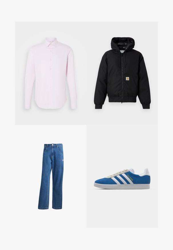 Crna Carhartt jakna s kapuljačom, s prednjim zatvaračem, kangaroo džepom, rebrastim manžetama i logo naljepnicom na džepu.; Svijetlo ružičasta košulja dugih rukava s kopčanjem na dugmad, s oštrim ovratnikom i glatkom teksturom. Ima suptilne vertikalne pruge i prilagođeni kroj.; Plave farmerke visokog struka sa širokim nogavicama, prednjim džepovima, petljama za remen, zatvaranjem na dugme i malim Adidas logotipom na desnom bedrima.; adidas Originals ADIDAS GAZELLE SHOES - Dvoranske nogometne kopačke - real madrid/bluebird/footwear white/crew yellow