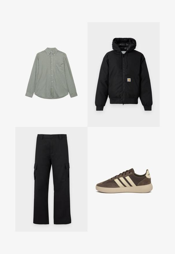 Schwarze Carhartt Kapuzenjacke mit Frontreißverschluss, Kängurutasche, gerippten Bündchen und Logopatch auf der Tasche.; Langärmliges Hemd in Olivgrün mit vertikalen weißen Streifen, einem klassischen Kragen und einer Brusttasche auf der linken Seite.; Schwarze Cargo-Hosen mit geradem Bein Design. Hergestellt aus strapazierfähigem Stoff, mit zwei Seitentaschen mit Klappen und einem Knopfverschluss.; Brauner Wildledersneaker mit drei weißen Streifen, abgerundetem Zehenbereich, dicker Gummisohle und minimaler Markenkennzeichnung an der Ferse.