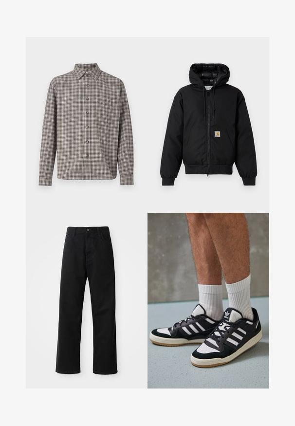 Crna Carhartt jakna s kapuljačom, s prednjim zatvaračem, kangaroo džepom, rebrastim manžetama i logo naljepnicom na džepu.; Smeđi i kremasti karirani košulja s ovratnikom na dugme, dugim rukavima i prednjim dugmadima; izrađena od tekstuirane tkanine.; Crne traperice ravnog kroja, s prednjim džepovima, patentnim zatvaračem i jednim gornjim dugmetom. Teksturirana tkanina s mat završetkom.; Crne i bijele tenisice s gornjim dijelom od antilopa i kože, s tri bijele pruge, perforiranim prstom i gumiranim potplatom.