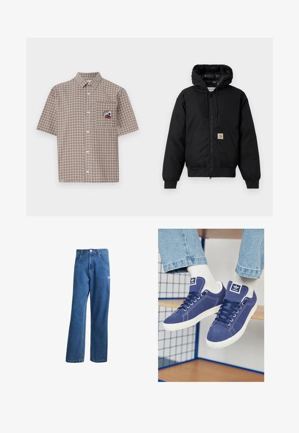 Černá bunda Carhartt s kapucí, předním zipem, klokaní kapsou, ribovanými manžetami a logem na kapse.; Košile s krátkým rukávem hnědé kostkované s límečkem na knoflíky a kapsou na prsou, která obsahuje vyšívaný design v červené a černé.; Modré vysoké široké džíny s vysokým pasem, předními kapsami, poutky na opasek, knoflíkovým zapínáním a malým logem Adidas na pravém stehně.; Tmavě modré tenisky Adidas vyrobené z semiše, s bílou gumovou podrážkou, kulatou špičkou a logem na jazyku. Viditelné jasně bílé ponožky.