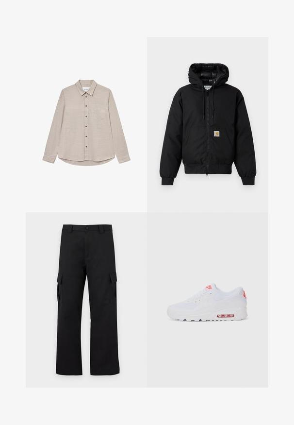 Melnā Carhartt kapuce jaka ar priekšējo rāvējslēdzēju, kangorūkas kabatu, ribotām piedurknēm un logotipa plāksteri uz kabatas.; Brūngana un bēša raibā krekls ar garām piedurknēm, pogām pie apkakles, priekšējo kabatu un brūnām pogām, ar izliekta apakšdaļu.; Melni kargo bikses ar taisnu kāju dizainu. Izgatavotas no izturīga auduma, ar divām sānu kabatām ar atloki un pogu aizdari.; Baltas sporta apavi ar gludu augšdaļu, saitēm, mīkstu zoli un redzamu gaisa vienību ar sarkaniem akcentiem uz zīmola.