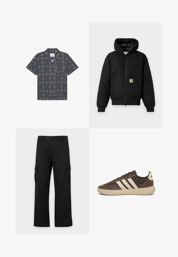 Giacca a zip nera Carhartt con cappuccio, tasca a marsupio, polsini a coste e patch con logo sulla tasca.; Camicia a maniche corte con un tessuto blu scuro e un motivo floreale geometrico dai colori vivaci, con chiusura a bottoni e colletto rilassato.; Pantaloni cargo neri con design a gamba dritta. Realizzati in tessuto resistente, dotati di due tasche laterali con chiusura a pattina e chiusura con bottone.; Sneaker in camoscio marrone con tre strisce bianche, punta arrotondata, suola spessa in gomma e marchio minimo sul tallone.