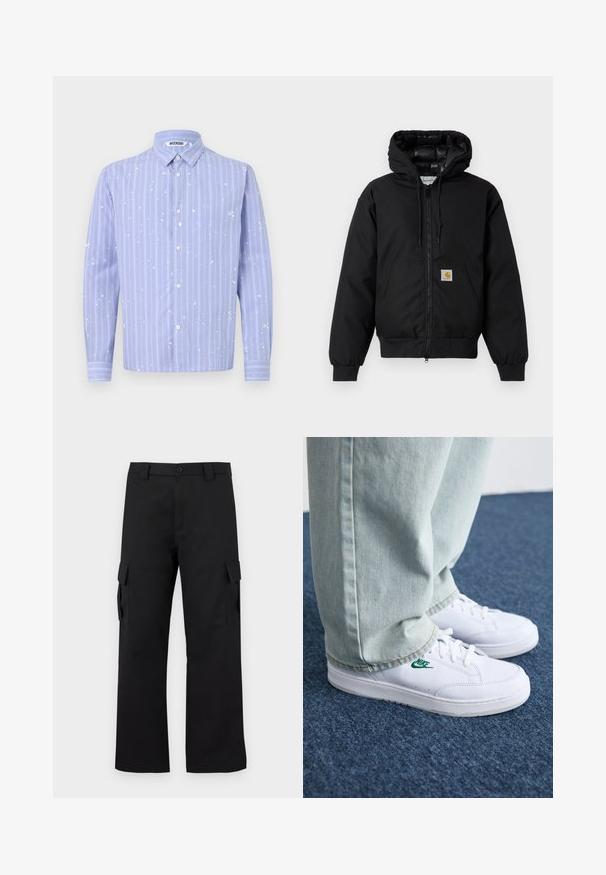 Chaqueta con capucha Carhartt negra, con cremallera frontal, bolsillo tipo canguro, puños de canalé y parche con el logo en el bolsillo.; Camisa de botones azul claro con rayas verticales blancas y detalles de salpicaduras de pintura. Presenta un cuello y mangas largas.; Pantalones cargo negros con un diseño de pierna recta. Fabricados con un tejido duradero, cuentan con dos bolsillos laterales con cierres de solapa y una cremallera de botón.; Zapatillas de cuero blanco con logo de Nike verde, puntera redonda, suela plana, combinadas con pantalones de mezclilla azul claro, sobre una alfombra azul.