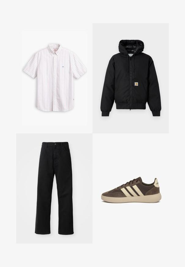 Veste à capuche Carhartt noire avec fermeture éclair à l'avant, poche kangourou, poignets côtelés et patch logo sur la poche.; Chemise à manches courtes à boutons de couleur blanche avec des rayures pastel verticales. Elle présente un col classique et un petit logo bleu sur la poitrine.; Pantalons en denim noir à coupe droite, avec poches avant, fermeture éclair et un seul bouton supérieur. Tissu texturé avec une finition mate.; Baskets en suède marron avec trois bandes blanches, bout arrondi, semelle en caoutchouc épaisse et branding minimaliste sur le talon.