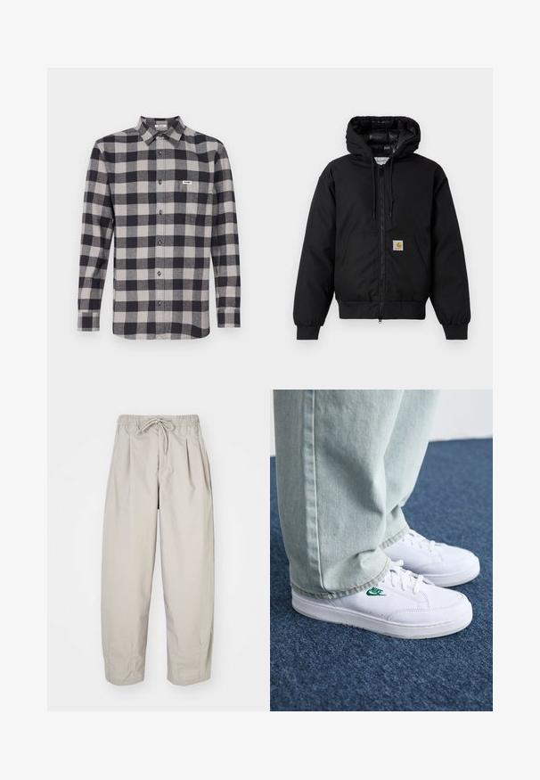 Črna Carhartt kapuca s sprednjim zadrgo, kenguru žepom, rebrastimi manšetami in logotipom na žepu.; Dolga srajca s karirnim vzorcem v črni in sivi barvi, z ovratnikom na gumbe, sprednjo žepom in oznako blagovne znamke Winger na levem prsnem delu.; Bež hlače iz lahkega materiala z elastičnim pasom in vrvico. Imajo gube in ohlapen kroj, izdelane so iz mehkega, gladkega blaga.; Bela usnjena športna obutev z zelenim Nike logotipom, okrogla konica, ravna podplat, v kombinaciji z svetlo modrimi kavbojkami, prikazana na modrem preprogu.