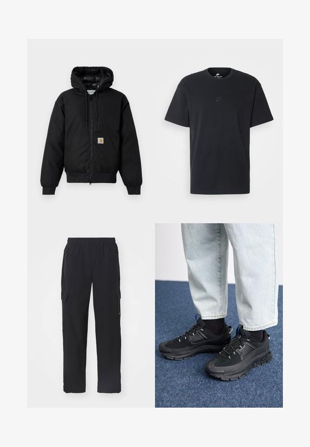 Must värvi Carhartt kapuutsiga jakk, millel on ees viis zipperit, känguru tasku, soonikkoes varrukad ja logo patch taskul.; Nike musta mustast puuvillast T-särk klassikalise ümmarguse kaelusega, lühikeste varrukatega ja õrna, reljeefse logoga rinnal. Sile tekstuur.; Musthave mustad, mis on valmistatud siledast kangast ja millel on elastne vöökoht. Omab küljetaskuid ja reietaskuid hoidmiseks.; Mustad mustad jooksukingad, millel on tekstureeritud kangas ja kummist tallad, elastsed nöörid ning sinine aksent kandadel. Kandmine heledate teksadega.