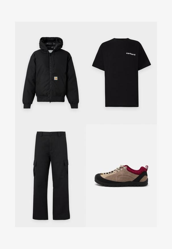 Black Carhartt hooded jacket with front zipper, kangaroo pocket, ribbed cuffs, and logo patch on pocket.; Black cotton t-shirt with short sleeves, crew neckline, and white "Carhartt" logo on the left chest. Smooth texture, minimal design.; Black cargo pants with a straight leg design. Made from durable fabric, featuring two side pockets with flap closures and a button fly.; Shoe with a beige suede upper, black rubber sole, pink mesh accents, and grey laces. Features perforations for breathability and a pull tab.