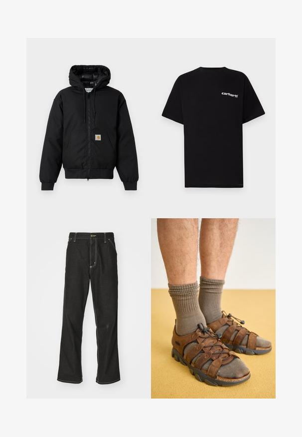Fekete Carhartt kapucnis dzseki elöl cipzárral, kenguruzsebbel, bordás mandzsettákkal és logóval ellátott zsebbel.; Fekete pamut rövid ujjú póló kerek nyakkivágással és fehér "Carhartt" logóval a bal mellrészen. Simaszövetű, letisztult dizájn.; Fekete farmernadrág laza szabással, kontrasztos fehér varrással, gombos záródással és egyenes lábmegoldással.; Barna és szürke kültéri cipők, elasztikus fűzőrendszerrel, gumitalppal és texturált anyagokkal, olívazöld bordázott zoknikkal viselve.