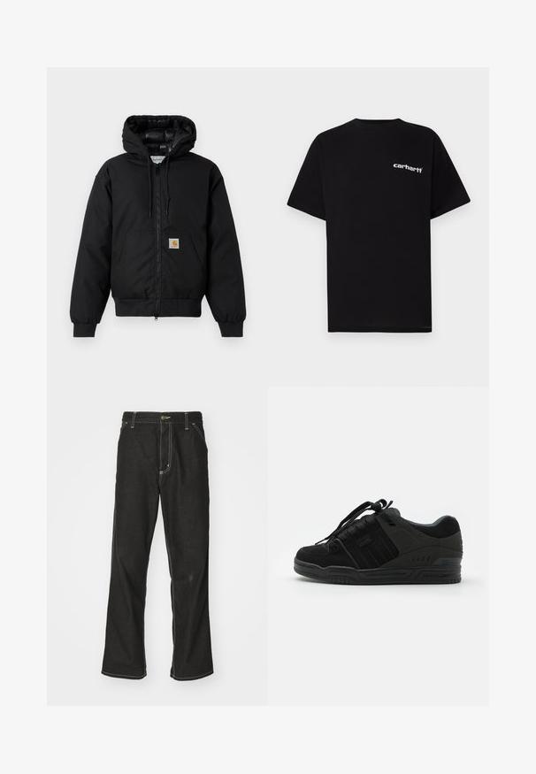 Black Carhartt hooded jacket with front zipper, kangaroo pocket, ribbed cuffs, and logo patch on pocket.; Black cotton t-shirt with short sleeves, crew neckline, and white "Carhartt" logo on the left chest. Smooth texture, minimal design.; Black denim jeans with a loose fit, featuring contrasting white stitching, a button closure, and a straight leg design.; Black sneaker with suede and textile upper, featuring textured accents, a padded collar, laces, and a rubber outsole with a logo detail.