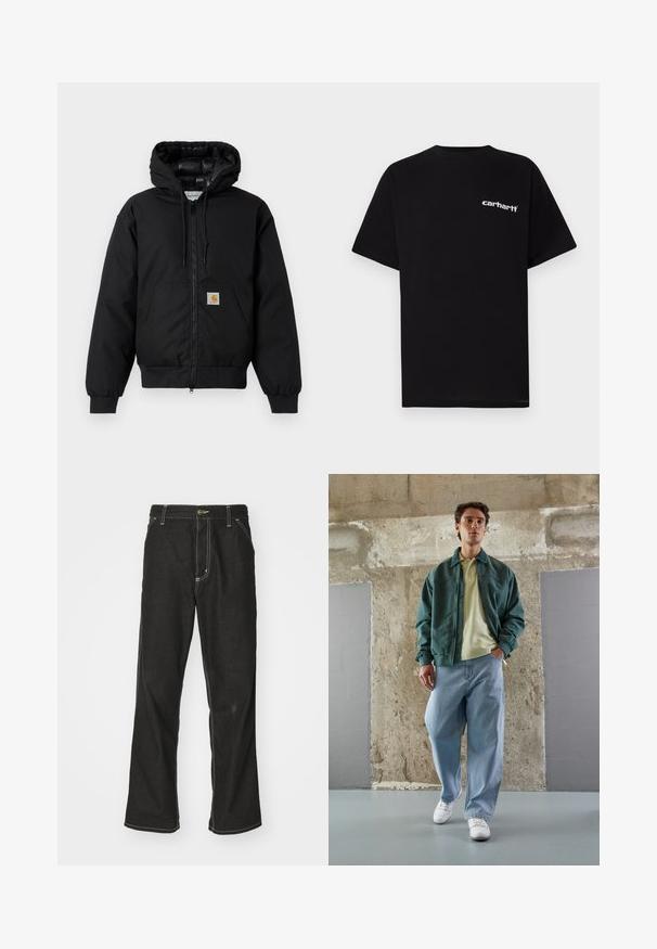 Crna Carhartt jakna s kapuljačom, s prednjim zatvaračem, kangaroo džepom, rebrastim manžetama i logo naljepnicom na džepu.; Crna pamučna majica kratkih rukava, s okruglim izrezom i bijelim logotipom "Carhartt" na lijevoj strani prsa. Glatka tekstura, minimalistički dizajn.; Crne traperice s opuštenim krojem, s kontrastnim bijelim šavovima, zakovicom za zatvaranje i ravnim nogavicama.; Zelena bomber jakna preko svijetložutog polo majice, uparenih s labavim plavim trapericama i bijelim tenisicama. Glatki materijali, opušteni kroj, minimalna dodatna oprema.