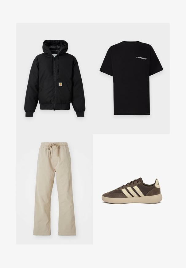 Zwarte Carhartt hoodie met rits aan de voorkant, kangoeroezak, geribde manchetten en logopatch op de zak.; Zwart katoenen T-shirt met korte mouwen, ronde hals en een wit "Carhartt"-logo op de linkerborst. Gladde textuur, minimalistisch ontwerp.; Beige katoenen broek met een elastische tailleband en trekkoord. Recht gesneden ontwerp, zachte textuur en geen zichtbare patronen of accenten.; Bruine suède sneaker met drie witte strepen, afgeronde neus, dikke rubberen zool en minimale branding op de hiel.