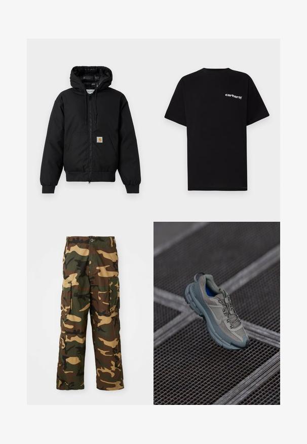 Black Carhartt hooded jacket with front zipper, kangaroo pocket, ribbed cuffs, and logo patch on pocket.; Black cotton t-shirt with short sleeves, crew neckline, and white "Carhartt" logo on the left chest. Smooth texture, minimal design.; Camouflage cargo pants in green, brown, and beige. Features two large side pockets and a button closure. Made of textured fabric.; Beige and gray athletic shoe with textured mesh upper, rounded toe, and rubber sole, featuring laces and a padded collar.