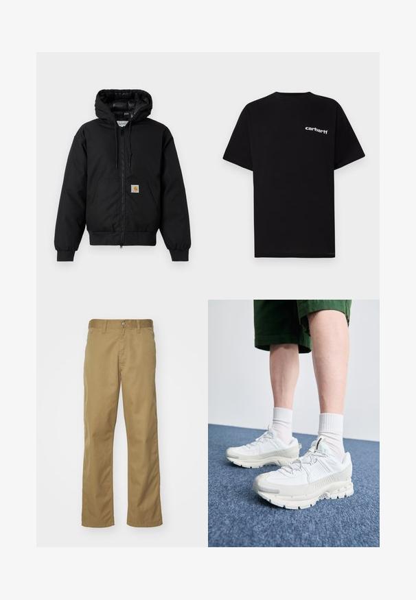 Svart Carhartt-jacka med huva, frontdragkedja, känguruficka, ribbad mudd och logotyp-patch på fickan.; Svart bomullst-shirt med korta ärmar, rund halsringning och vitt "Carhartt"-logotyp på vänster bröst. Slät textur, minimalistisk design.; Khaki chinos med rak bendesign, tillverkade av mjukt bomullstyg. Har en framknäppning och sidofickor.; Vita atletiska skor med texturerade överlägg, en tjock sula och grå accenter. Bärs med vita strumpor och gröna shorts på en blå yta.