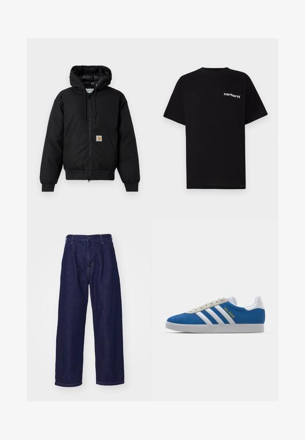Jachetă cu glugă Carhartt de culoare neagră, cu fermoar frontal, buzunar tip kangaroo, manșete ribbate și patch cu logo pe buzunar.; Tricou negru din bumbac cu mâneci scurte, decolteu rotund și logo-ul alb "Carhartt" pe pieptul stâng. Textură netedă, design minimalist.; Jeanși din denim de culoare albastru închis, cu croi larg, talie înaltă, având o închidere cu nasture și un stil clasic cu cinci buzunare. Textură netedă, cusături subtile.; adidas Originals ADIDAS GAZELLE SHOES - Ghete de fotbal de sală - real madrid/bluebird/footwear white/crew yellow