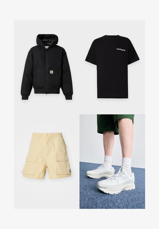 Black Carhartt hooded jacket with front zipper, kangaroo pocket, ribbed cuffs, and logo patch on pocket.; Black cotton t-shirt with short sleeves, crew neckline, and white "Carhartt" logo on the left chest. Smooth texture, minimal design.; Yellow cargo shorts made of lightweight fabric, featuring two large side pockets, an elastic waistband, and a small logo patch on the side.; White athletic shoes with textured overlays, a chunky sole, and gray accents. Worn with white crew socks and green shorts on a blue surface.