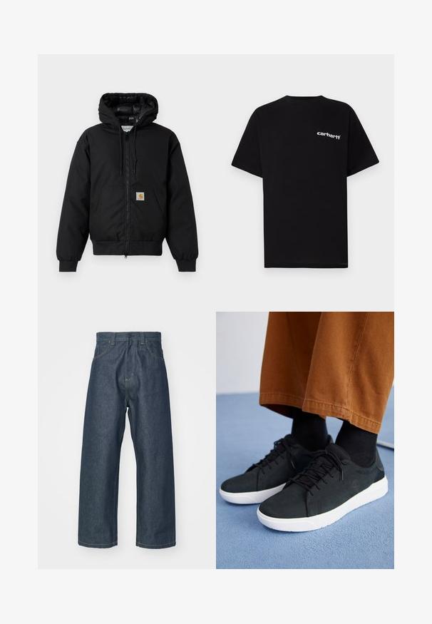 Black Carhartt hooded jacket with front zipper, kangaroo pocket, ribbed cuffs, and logo patch on pocket.; Black cotton t-shirt with short sleeves, crew neckline, and white "Carhartt" logo on the left chest. Smooth texture, minimal design.; Carhartt WIP BRANDON PANT - Baggy Jeans - blue rigid; Black suede sneakers with white rubber soles, featuring lace-up design, textured accents, and subtle branding, paired with brown pants.