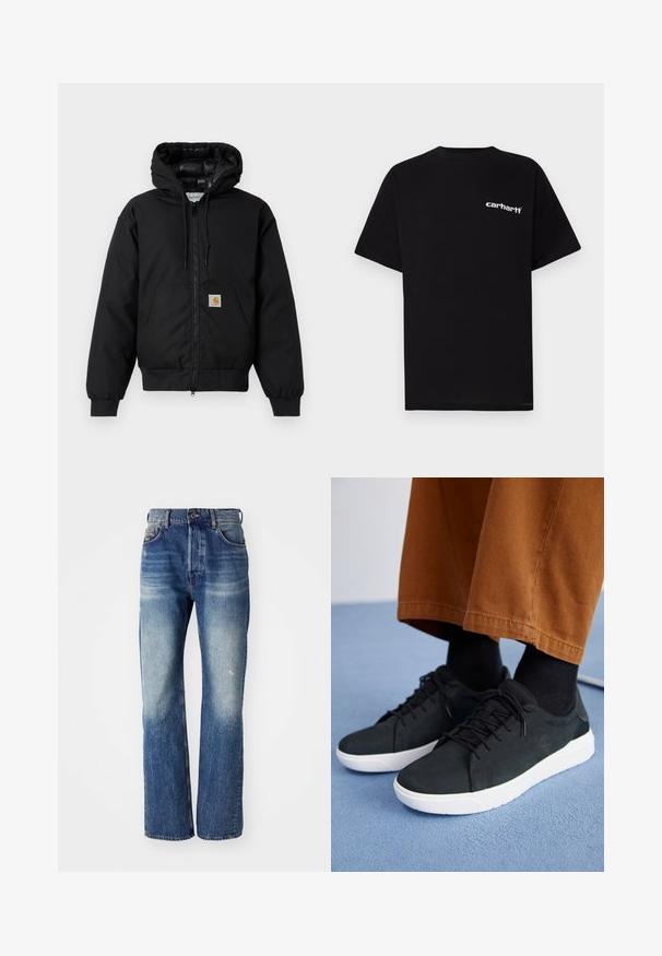 Giacca a zip nera Carhartt con cappuccio, tasca a marsupio, polsini a coste e patch con logo sulla tasca.; T-shirt in cotone nero con maniche corte, scollo a girocollo e logo bianco "Carhartt" sul petto a sinistra. Texture liscia, design minimalista.; Jeans in denim blu con un design a gamba dritta, caratterizzati da una leggera scoloritura e da un leggero effetto consumato sulla parte anteriore. Stile classico a cinque tasche.; Sneakers in suede nera con suole in gomma bianca, dotati di un design con lacci, accenti testurizzati e branding sottile, abbinati a pantaloni marroni.