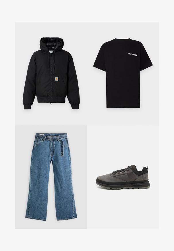 Fekete Carhartt kapucnis dzseki elöl cipzárral, kenguruzsebbel, bordás mandzsettákkal és logóval ellátott zsebbel.; Fekete pamut rövid ujjú póló kerek nyakkivágással és fehér "Carhartt" logóval a bal mellrészen. Simaszövetű, letisztult dizájn.; Kék farmer széles szárú nadrág, hozzáépített övvel, elülső zsebekkel és látható varrással, sima világos háttéren.; Fekete és szürke kültéri cipők, bőrből és hálóból készültek, párnázott cipőgallérral, texturált talppal és megerősített orral a tartósság érdekében.