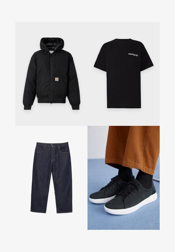 Fekete Carhartt kapucnis dzseki elöl cipzárral, kenguruzsebbel, bordás mandzsettákkal és logóval ellátott zsebbel.; Fekete pamut rövid ujjú póló kerek nyakkivágással és fehér "Carhartt" logóval a bal mellrészen. Simaszövetű, letisztult dizájn.; Sötétkék egyenes szárú farmernadrág elöl gombbal és cipzárral, valamint öt zsebbel, fehér háttér előtt bemutatva.; Fekete velúrbőr sneaker fehér gumitalppal, fűzős dizájnnal, texturált részletekkel és diszkrét márkázással, barna nadrággal párosítva.