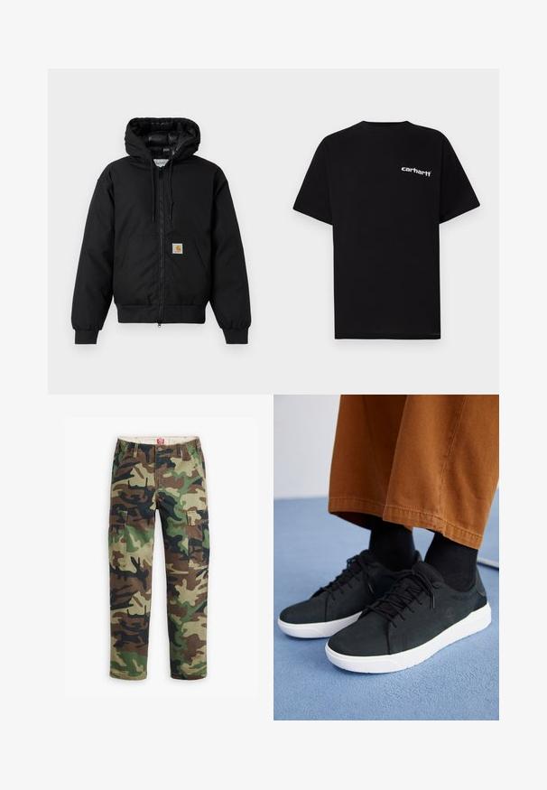 Čierna kapucňová bunda Carhartt s predným zipsom, klokannou vreckom, ribovanými manžetami a logo nášivkou na vrecku.; Čierne bavlnené tričko s krátkymi rukávmi, okrúhlym výstrihom a bielym logom "Carhartt" na ľavej strane hrudníka. Hladká textúra, minimalistický dizajn.; Cargo nohavice v kamuflážovom vzore so zelenými, hnedými a čiernymi odtieňmi. Vyrobené z bavlny, s viacerými vreckami a voľným strihom.; Čierne zamatové tenisky s bielymi gumovými podrážkami, so šnurovacím dizajnom, textúrovanými akcentami a decentným brandingom, skombinované s hnedými nohavicami.