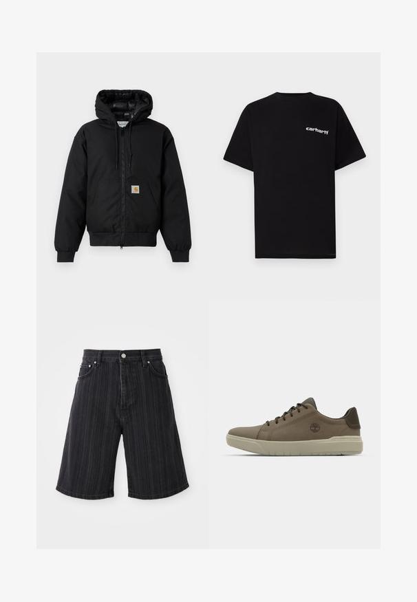 Black Carhartt hooded jacket with front zipper, kangaroo pocket, ribbed cuffs, and logo patch on pocket.; Black cotton t-shirt with short sleeves, crew neckline, and white "Carhartt" logo on the left chest. Smooth texture, minimal design.; Black denim shorts with a wide leg, featuring vertical pinstripes, front pockets, and metal hardware details.; Brown leather sneakers with a low profile, rubber sole, and green accents; features logo on the side and textured panels for grip.
