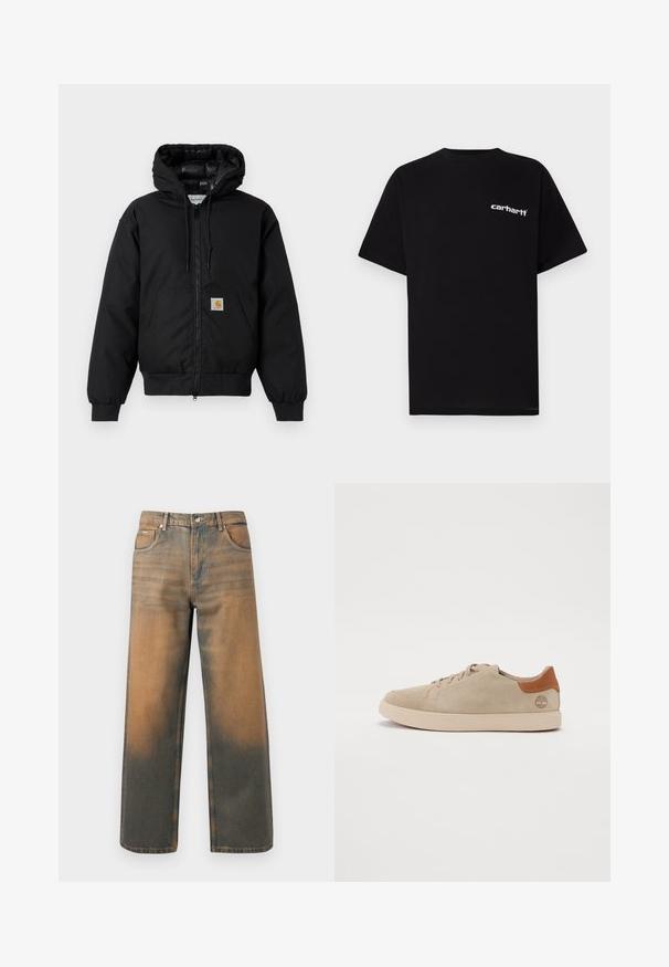 Black Carhartt hooded jacket with front zipper, kangaroo pocket, ribbed cuffs, and logo patch on pocket.; Black cotton t-shirt with short sleeves, crew neckline, and white "Carhartt" logo on the left chest. Smooth texture, minimal design.; Wide-leg jeans in distressed blue and brown denim. Features a high waist, front pockets, and a classic button closure with metallic accents.; Beige suede sneakers with a stitched design, light-colored rubber sole, and brown leather accents on the heel and logo.