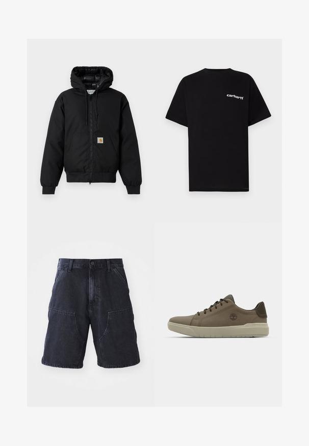 Black Carhartt hooded jacket with front zipper, kangaroo pocket, ribbed cuffs, and logo patch on pocket.; Black cotton t-shirt with short sleeves, crew neckline, and white "Carhartt" logo on the left chest. Smooth texture, minimal design.; Dark denim shorts featuring a straight cut, large front pockets, and a button closure; smooth texture and minimal stitching details.; Brown leather sneakers with a low profile, rubber sole, and green accents; features logo on the side and textured panels for grip.