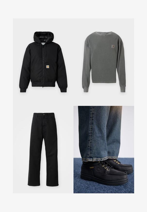 Juodas Carhartt džemperis su gobtuvu, priekiniais užtrauktukais, kengūros kišene, raibstais rankogalviais ir logotipo pleistru kišenėje.; Pilkos spalvos ilgos rankovės apvalaus kaklo džemperis su grioveliais, turintis mažą kvadratinį logotipo aplikaciją kairėje krūtinės pusėje ir grioveliais pagamintas rankogalius.; Juodo džinsinio audinio keliaraiščiai su tiesia iškarpa, turintys priekinės kišenes, užtrauktuką ir vieną viršutinį mygtuką. Audinys tekstūruotas, su matinio paviršiaus apdaila.; Juodi odiniai batai su auksiniais akmenimis ir tekstūruotu paviršiumi, derinami su mėlynomis džinsinėmis kelnėmis. Batai turi sluoksniuotą pada ir prekės ženklo detalę.