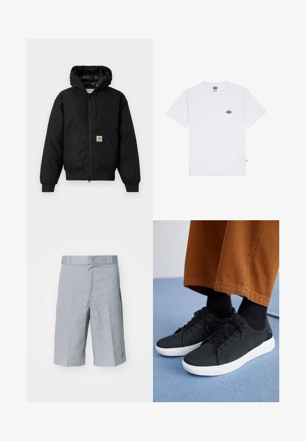 Black Carhartt hooded jacket with front zipper, kangaroo pocket, ribbed cuffs, and logo patch on pocket.; White cotton t-shirt with short sleeves, featuring a small black logo on the chest and a tag on the bottom left corner.; Light gray shorts made of sturdy fabric, featuring a straight cut, a waistband with belt loops, and subtle pleat detailing.; Black suede sneakers with white rubber soles, featuring lace-up design, textured accents, and subtle branding, paired with brown pants.