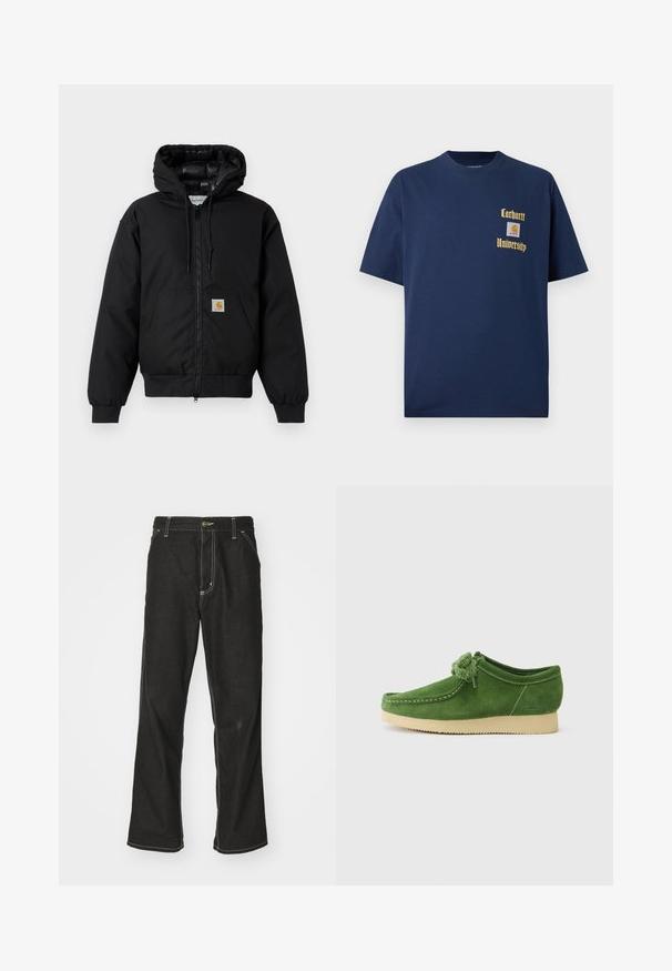 Casaco com capuz Carhartt preto, com fecho na frente, bolso tipo canguru, punhos canelados e patch do logo no bolso.; T-shirt de algodão azul-marinho com mangas curtas, apresentando texto dourado "Carhartt University" e um emblema no lado esquerdo do peito.; Calças de ganga pretas de corte largo, com costuras brancas em contraste, fecho de botão e design de perna reta.; Sapato verde em camurça com bico arredondado, superfície texturizada, laço decorativo na parte da frente e sola de borracha de cor clara.