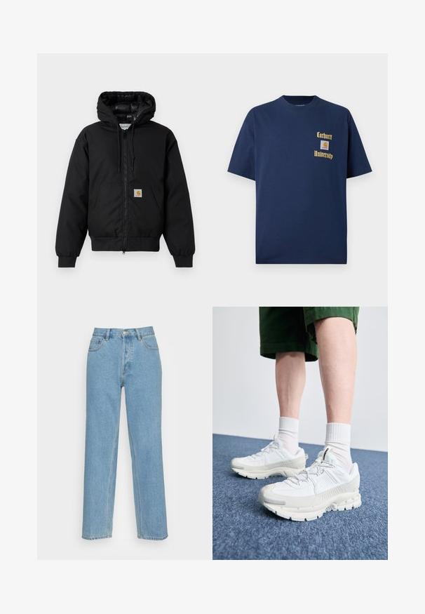 Juodas Carhartt džemperis su gobtuvu, priekiniais užtrauktukais, kengūros kišene, raibstais rankogalviais ir logotipo pleistru kišenėje.; Tamsiai mėlyna medvilninė marškinėliai trumpomis rankovėmis, su auksiniu tekstu "Carhartt University" ir logotipo siuviniu kairėje krūtinės pusėje.; Šviesiai mėlynų tiesių kojų džinsai, pagaminti iš denimo, su klasikinio penkių kišenių dizainu, priekiniais mygtukais ir matomomis siuvimo detalėmis.; Baltos sportinės bateliai su tekstūruotais uždengimais, masyviu padu ir pilkais akcentais. Dėvimi su baltais trumpais kojiniais ir žaliais šortais mėlyname paviršiuje.